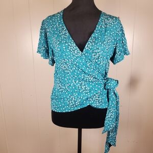 Billabong Womens Teal Floral Side Tie Wrap Top W/ Flutter Sleeves Summer Beach M